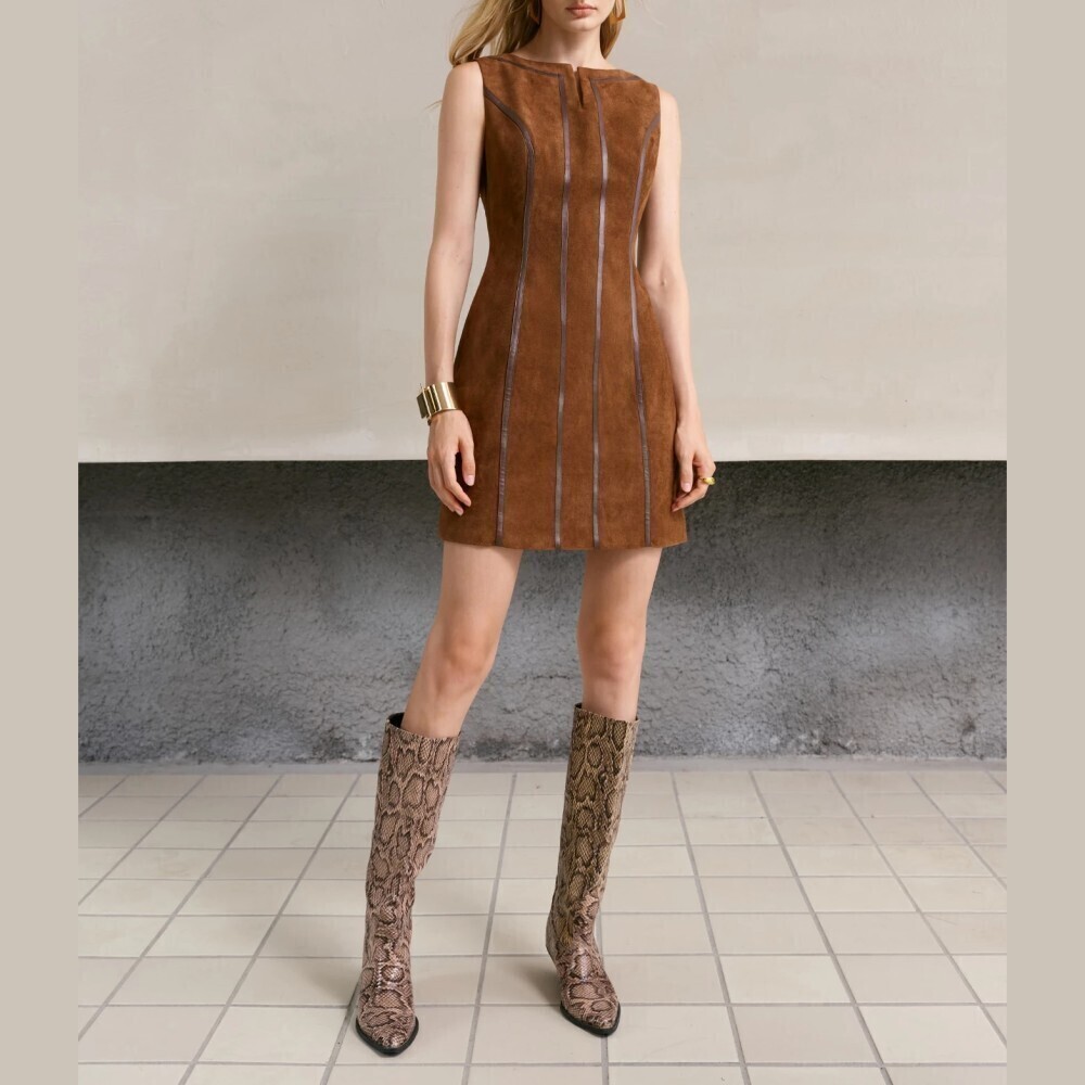 Brown Faux Suede Notched Neck Sleeveless Contrast Trim Mini Dress